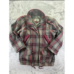 Out Brook Vintage Plaid Wool Blend Jacket Medium Burgundy Green Funnel Neck